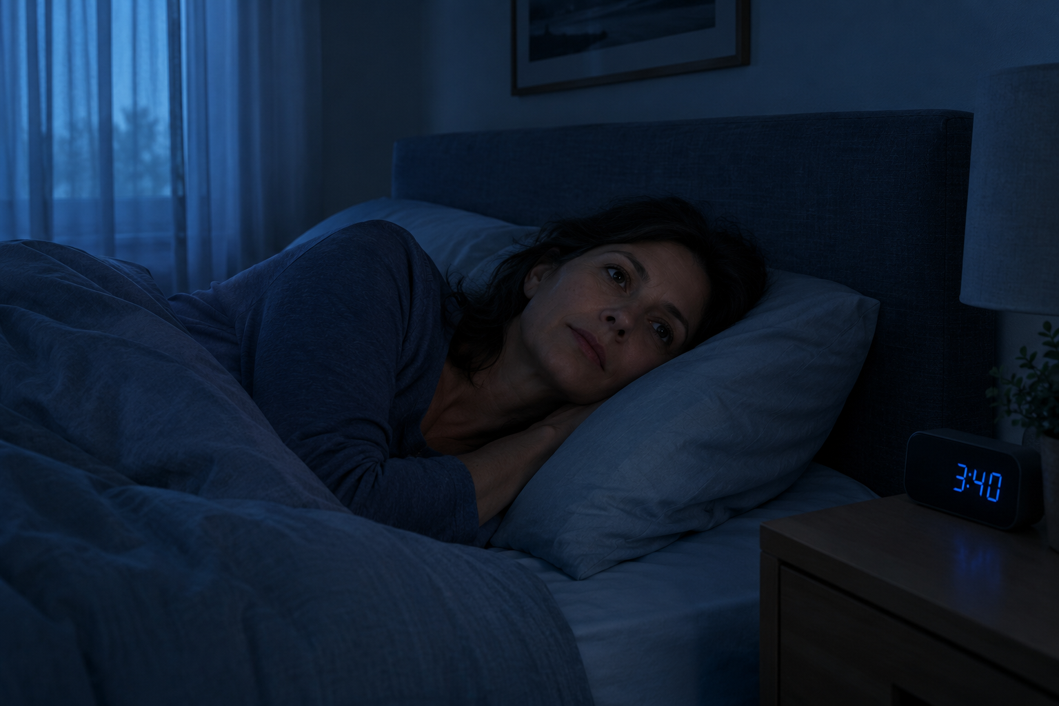 Donna di circa cinquant'anni sveglia a letto nel buio della notte, con la sveglia sul comodino che segna le 3:40.