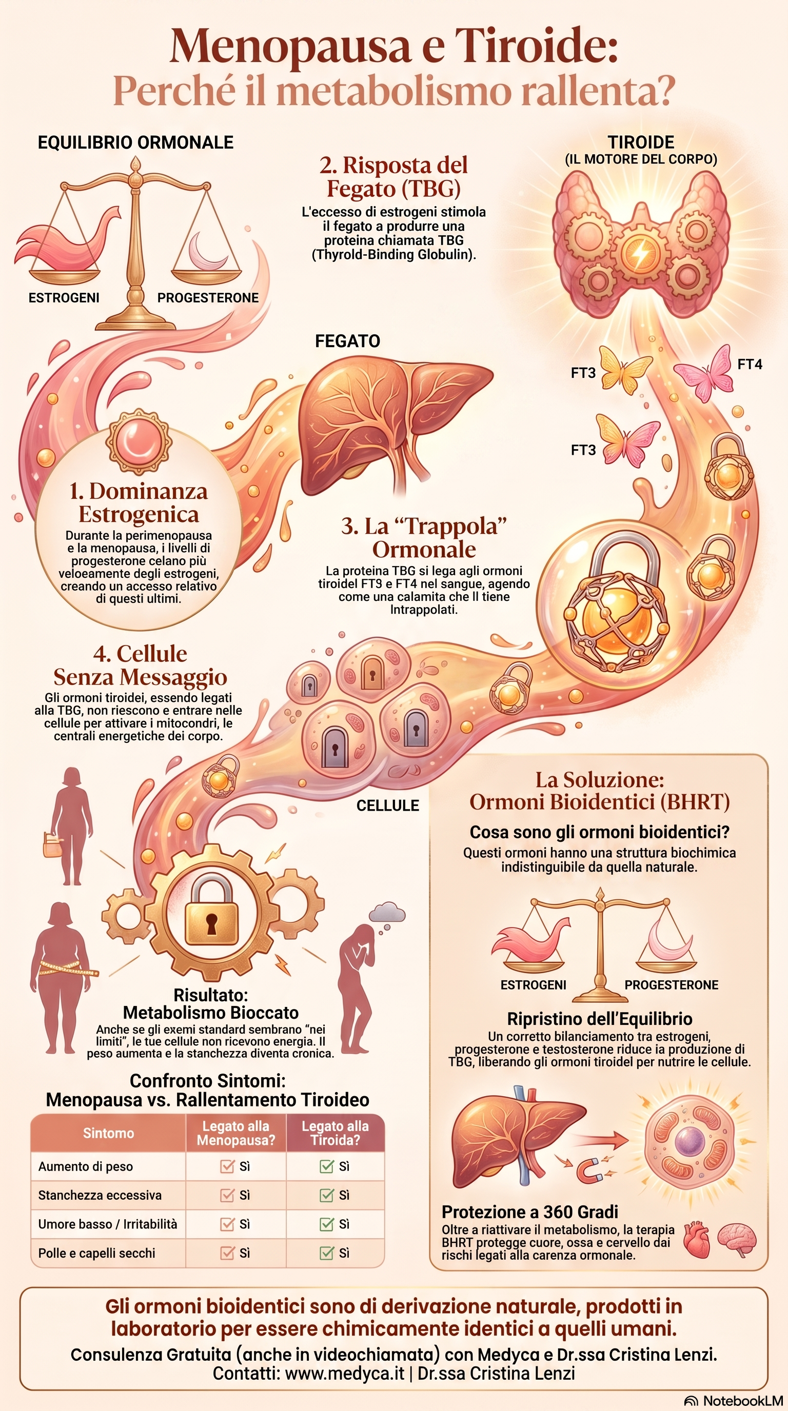 Infografica sul legame tra menopausa e tiroide: come lo squilibrio ormonale blocca il metabolismo cellulare.