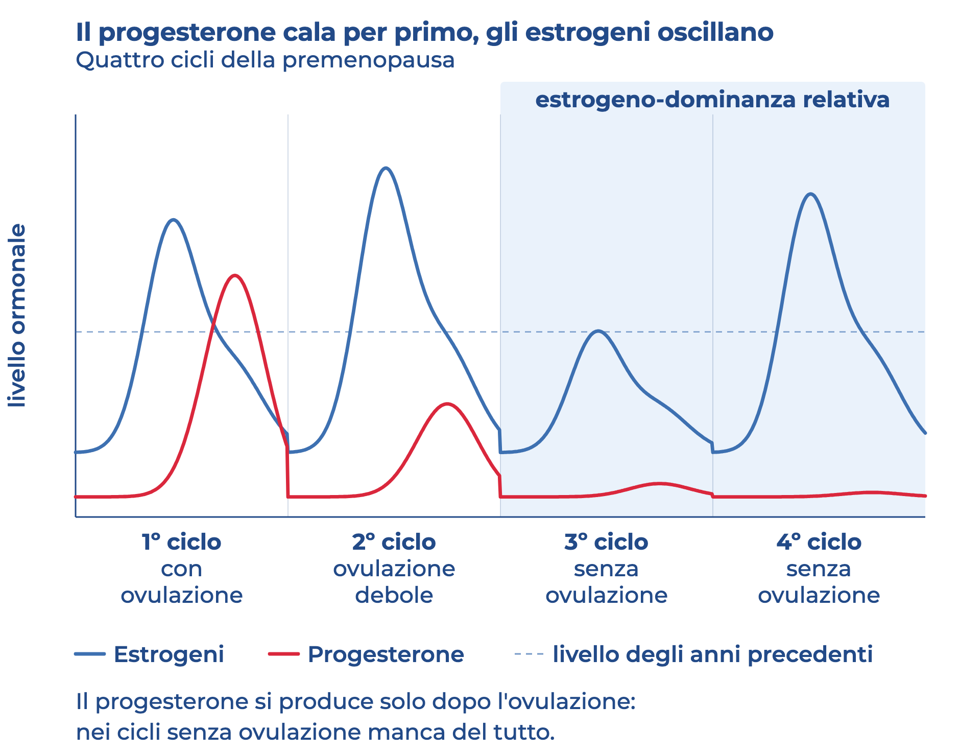 Grafico di quattro cicli in premenopausa: senza ovulazione il progesterone cala per primo, mentre gli estrogeni continuano a oscillare.