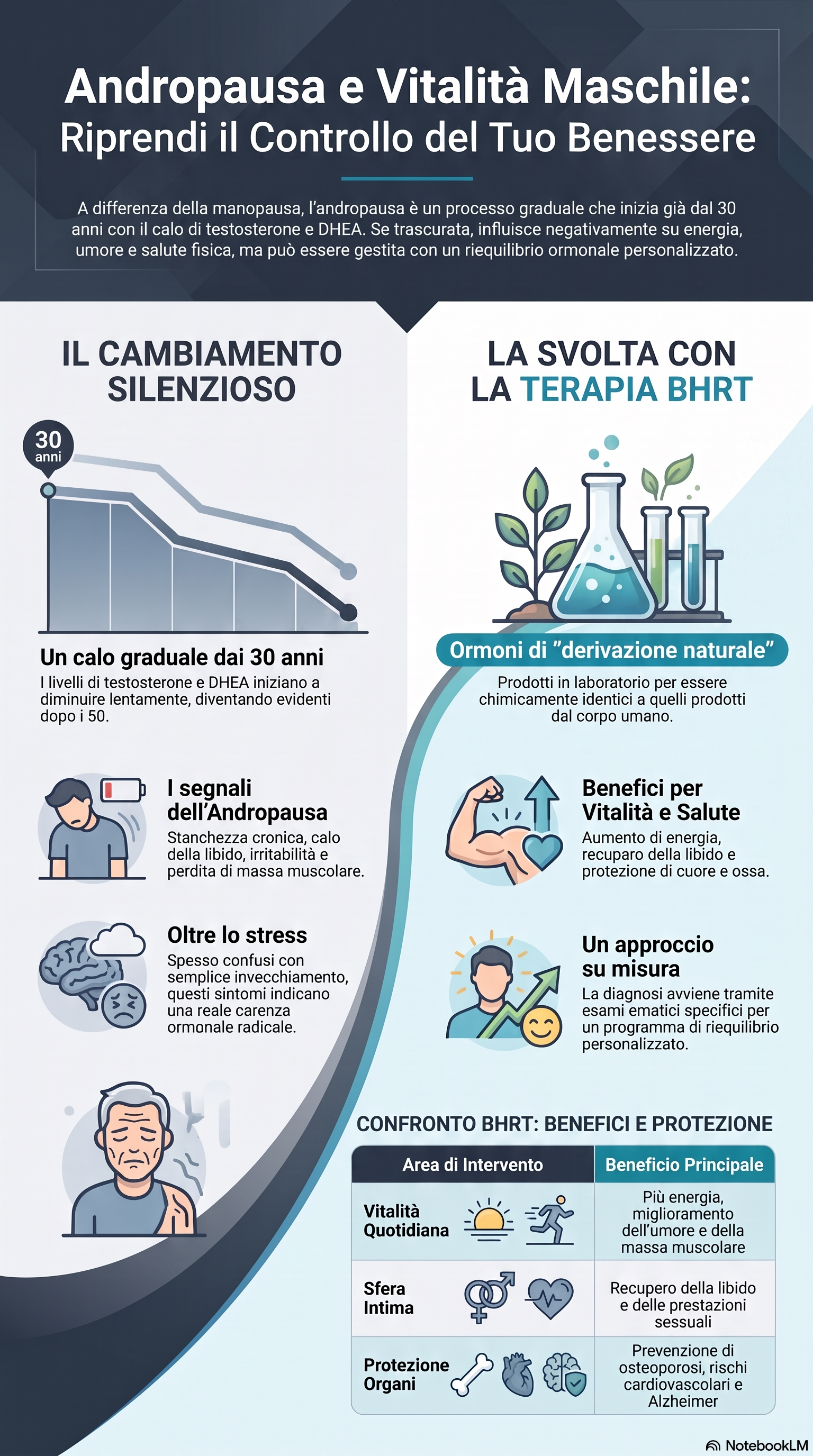 I segnali dell'andropausa e benefici del riequilibrio con ormoni bioidentici di derivazione naturale, chimicamente identici agli ormoni umani