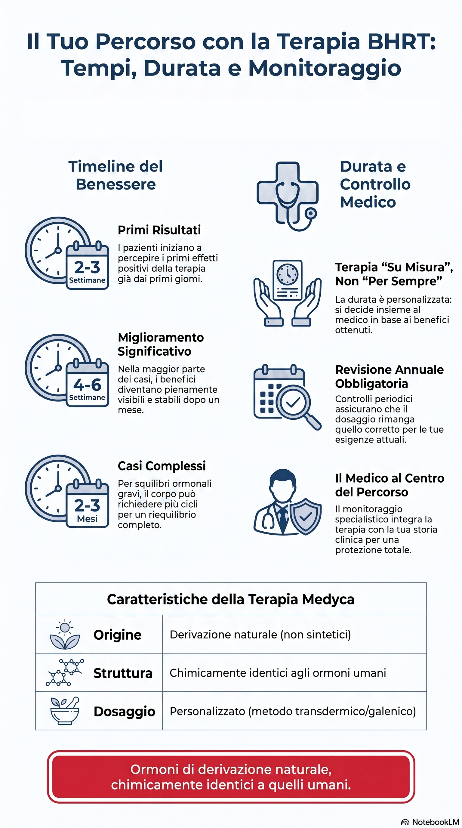 Infografica Medyca sui tempi della terapia BHRT: il percorso di recupero del benessere ormonale dalle prime settimane alla stabilizzazione dei risultati.
