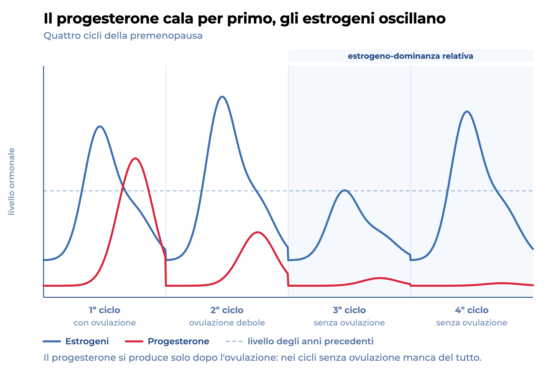 Grafico di progesterone ed estrogeni durante i cicli della premenopausa: il progesterone cala per primo, gli estrogeni oscillano sopra e sotto il livello precedente.