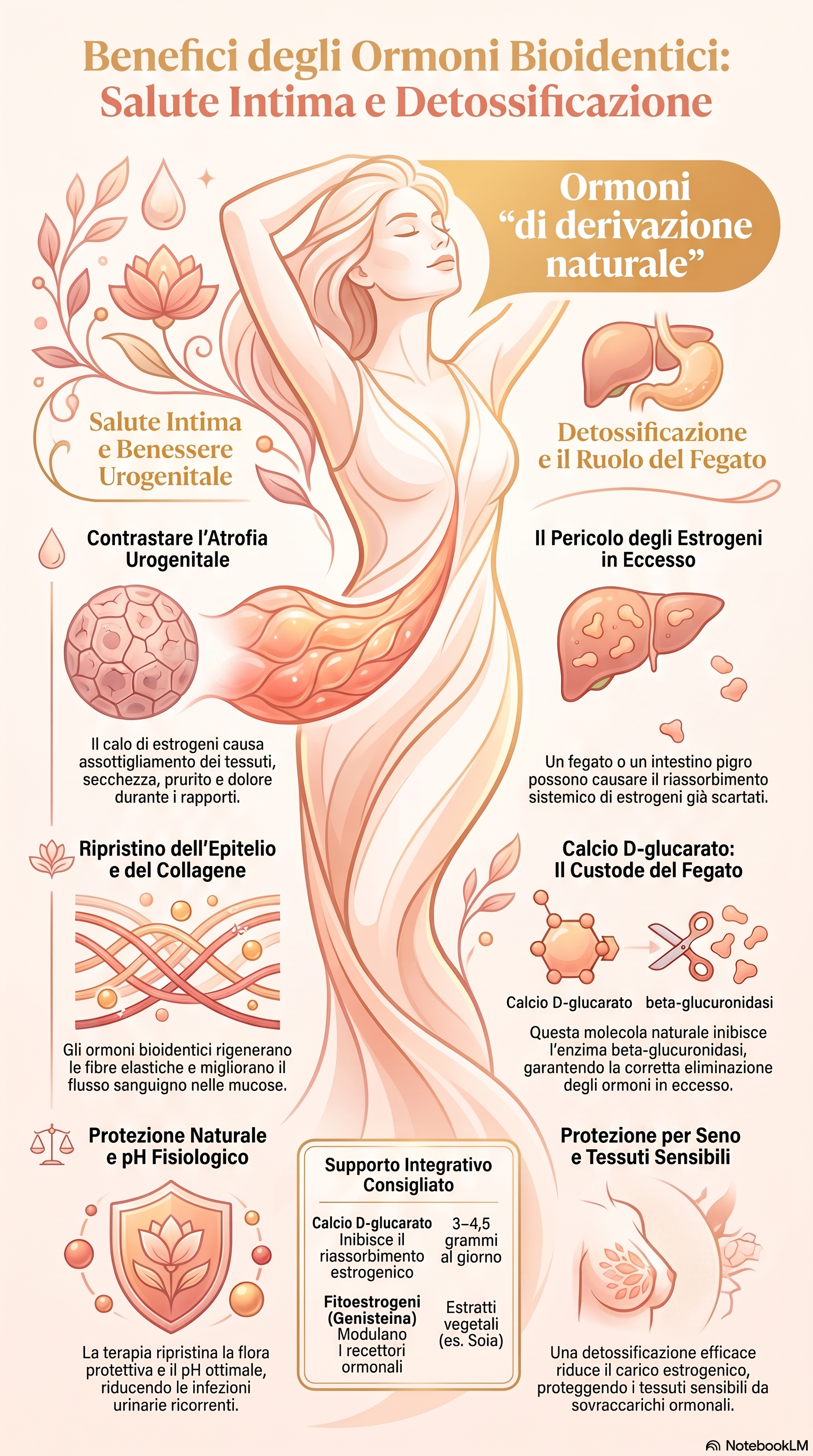 Infografica sulla salute urogenitale in menopausa e il ruolo del Calcio D-glucarato nella detossificazione epatica degli estrogeni