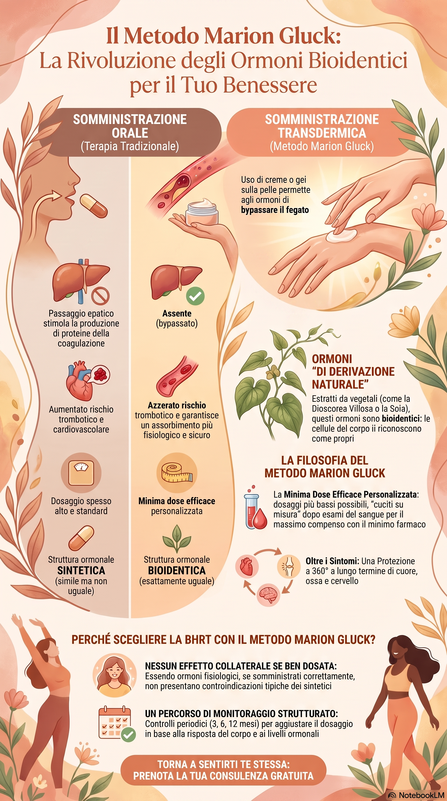 Il Metodo Marion Gluck sfrutta l'assorbimento cutaneo diretto degli ormoni bioidentici (via creme/gel) nel circolo sanguigno per bypassare il fegato, azzerando il rischio trombotico e permettendo la "minima dose efficace".