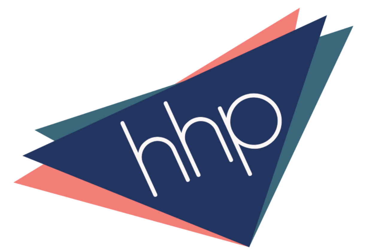 The image features a stylized logo with overlapping triangles in various shades of blue and pink, with the white text 'hhp' written in lowercase on the front triangle.