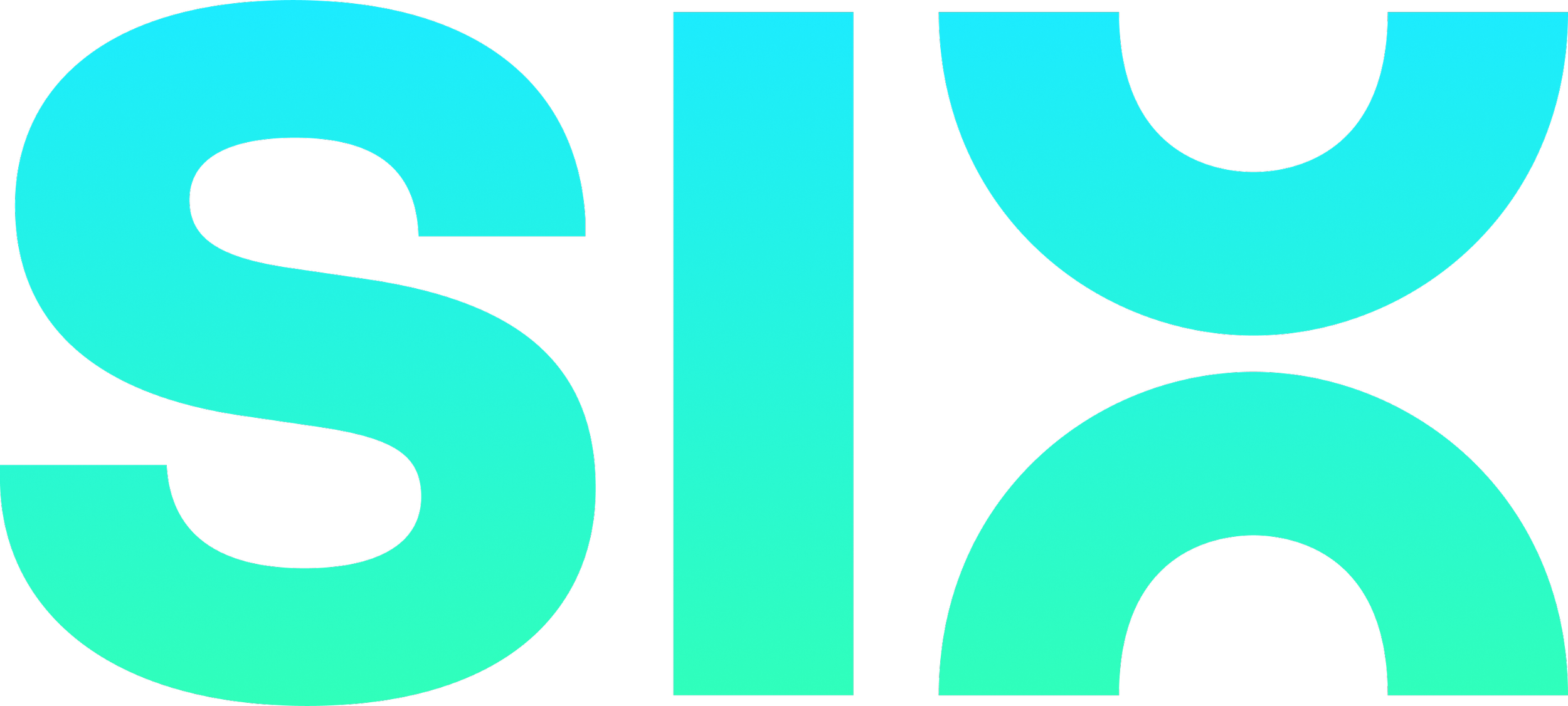 Close-up of the word 'SIX' in large, bold, cyan-colored letters against a black background.