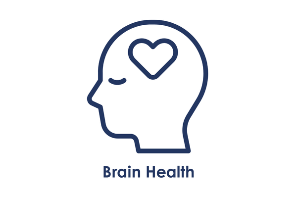 Simple line drawing of a human head profile with a heart inside the brain area, labeled 'Brain Health'.