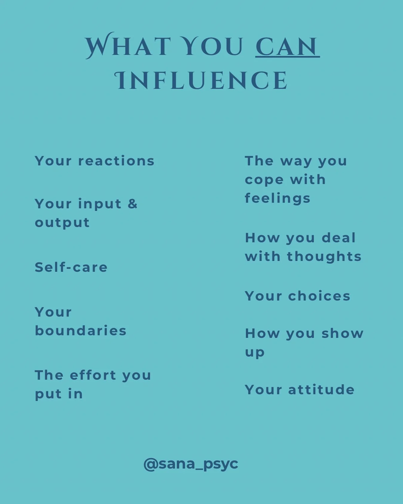 Yesterday we talked about what is out of our control. Today we are focused on what IS in your sphere of influence.

This is such an important skill for mental health. We tend to focus more on the things we don&rsquo;t have influence over, which leads