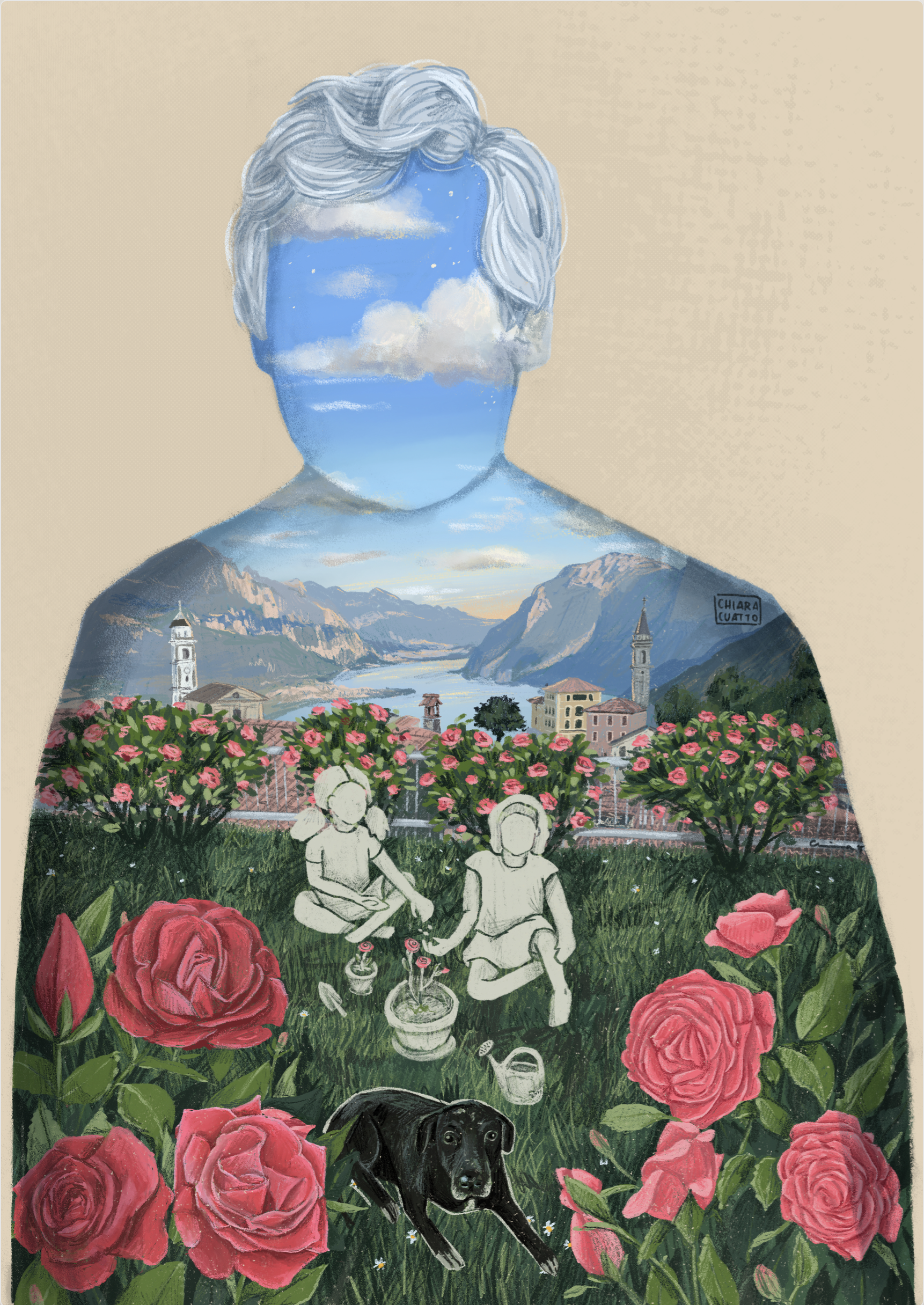 Illustrazione digitale su commissione per nonno affezionato alla sua casa sul lago