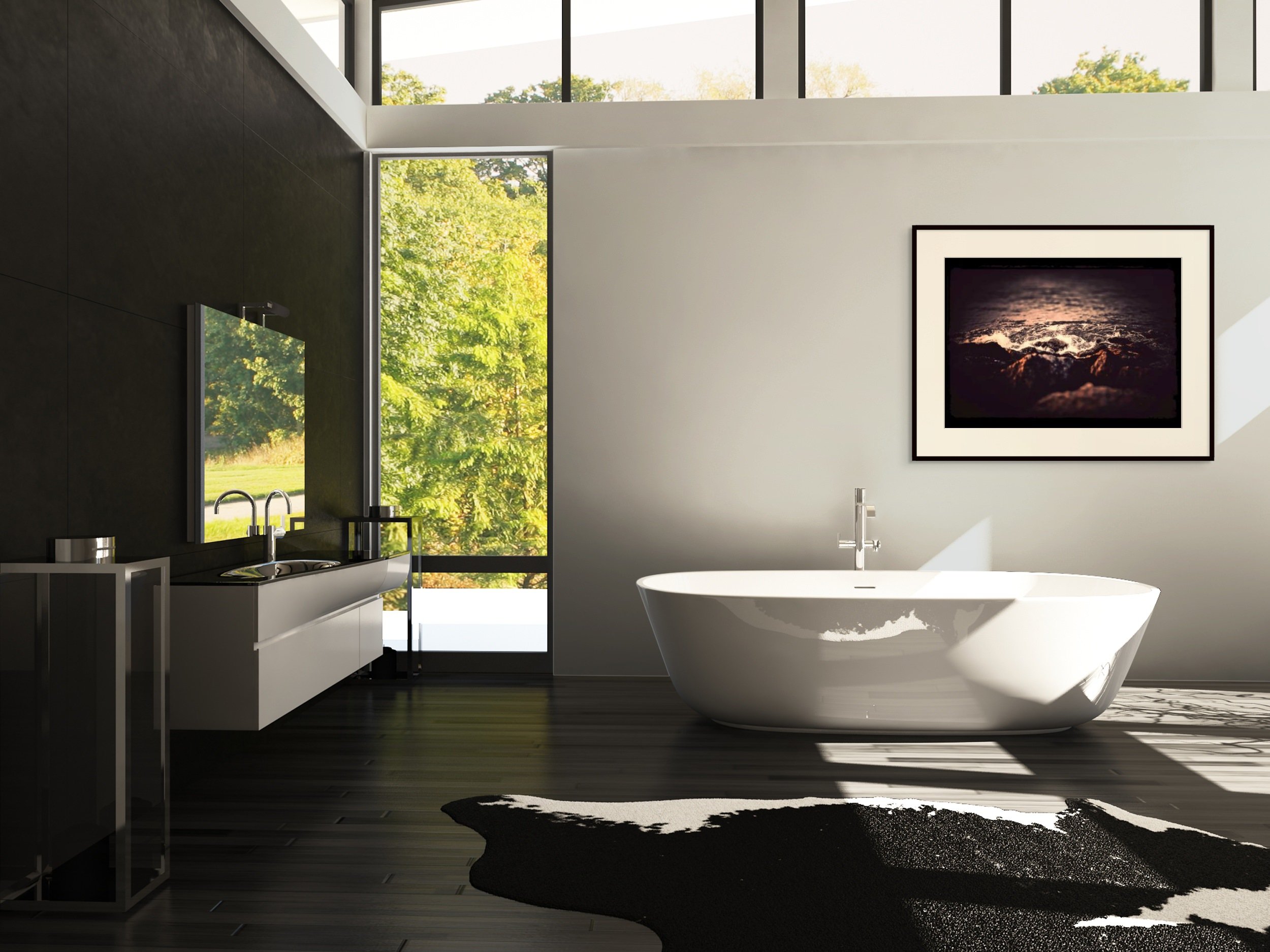 Modern bathroom with a white freestanding bathtub, a dark wall with a large mirror, a sink area with two sinks, and a large window showing green trees outside.
