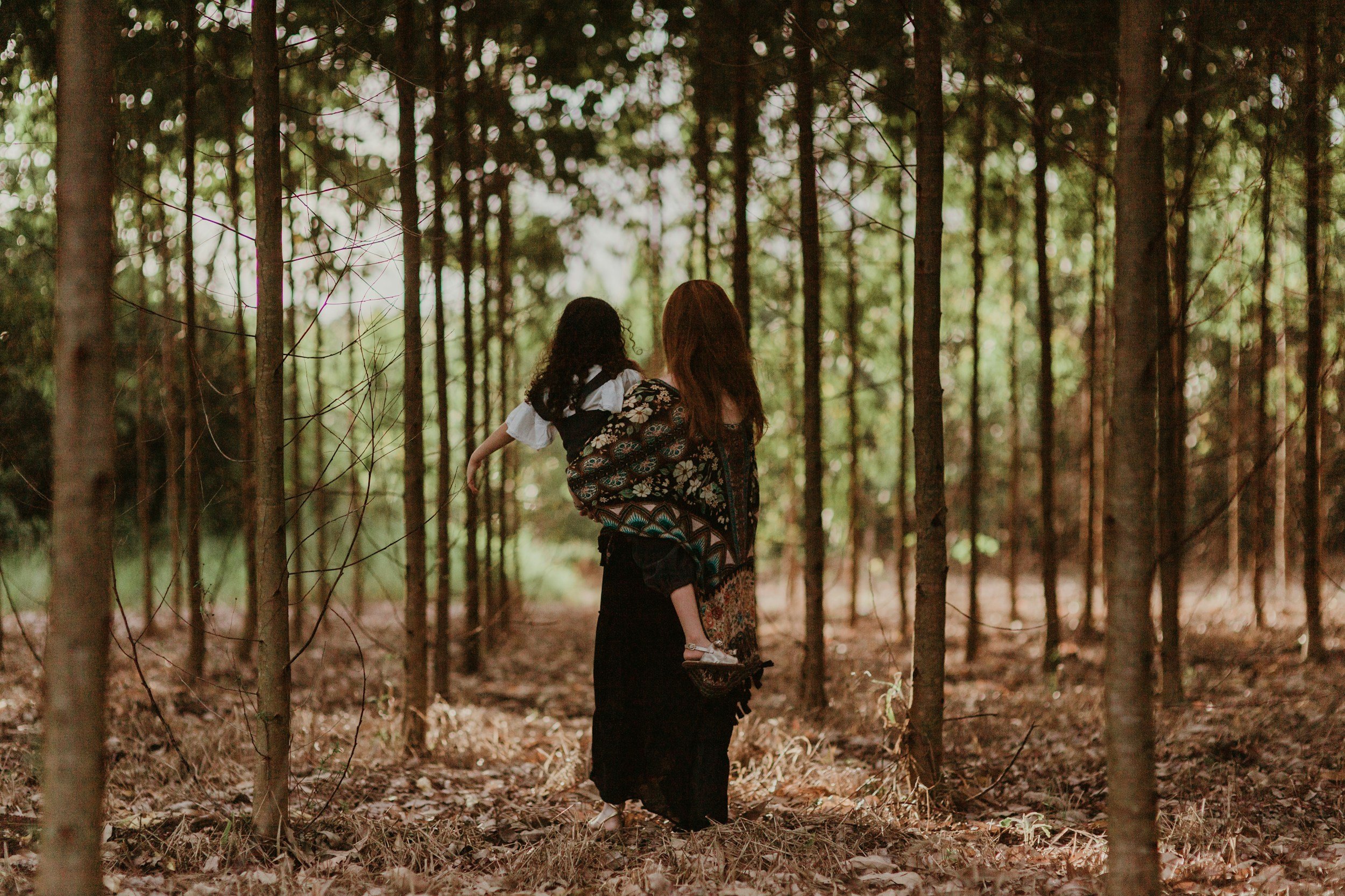 A woman carrying a young girl in a forest filled with pine trees and dry leaves on the ground.