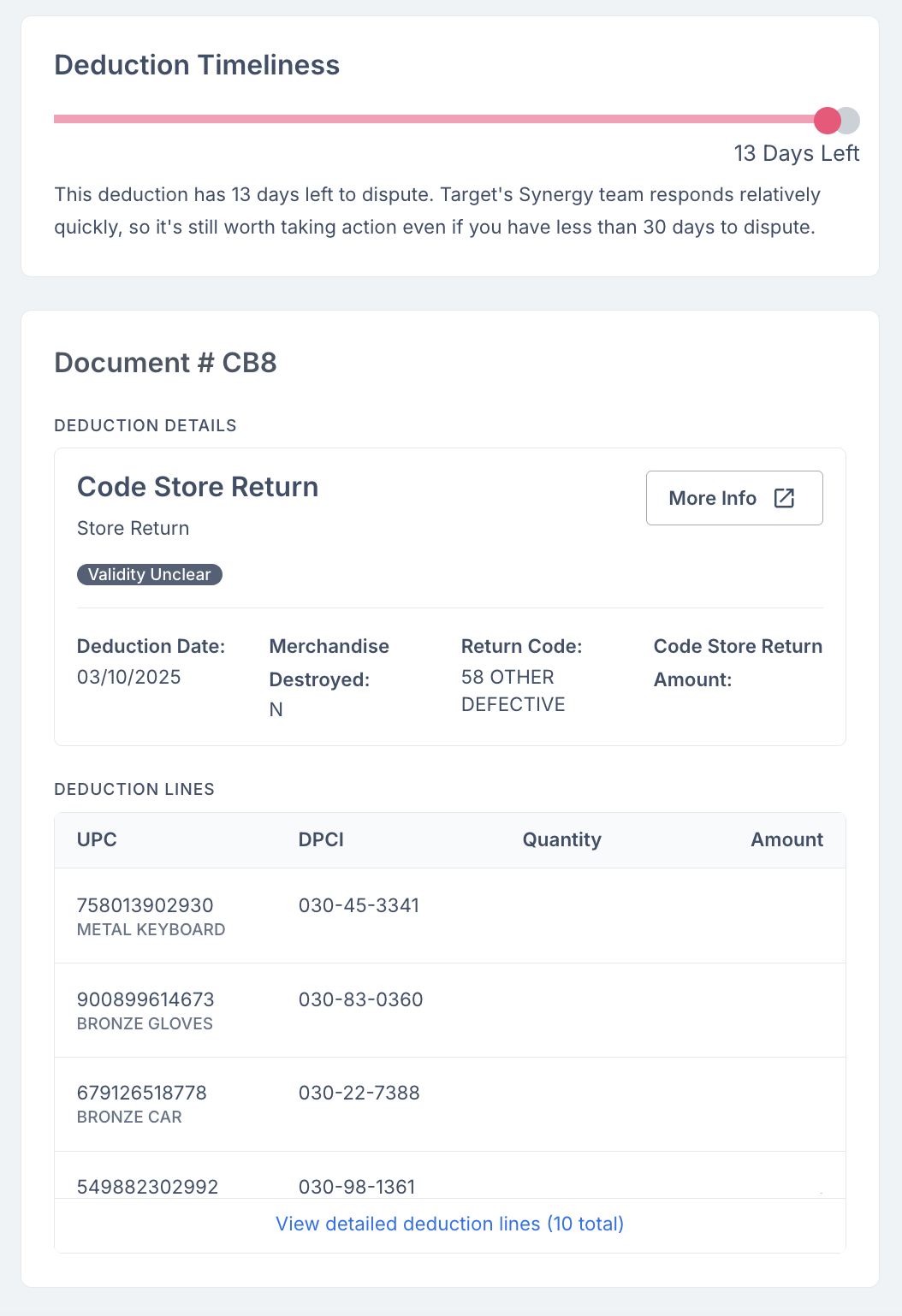 Target deduction details page with a Deduction Timeliness alert showing 13 days left to dispute, followed by document and line-item details.