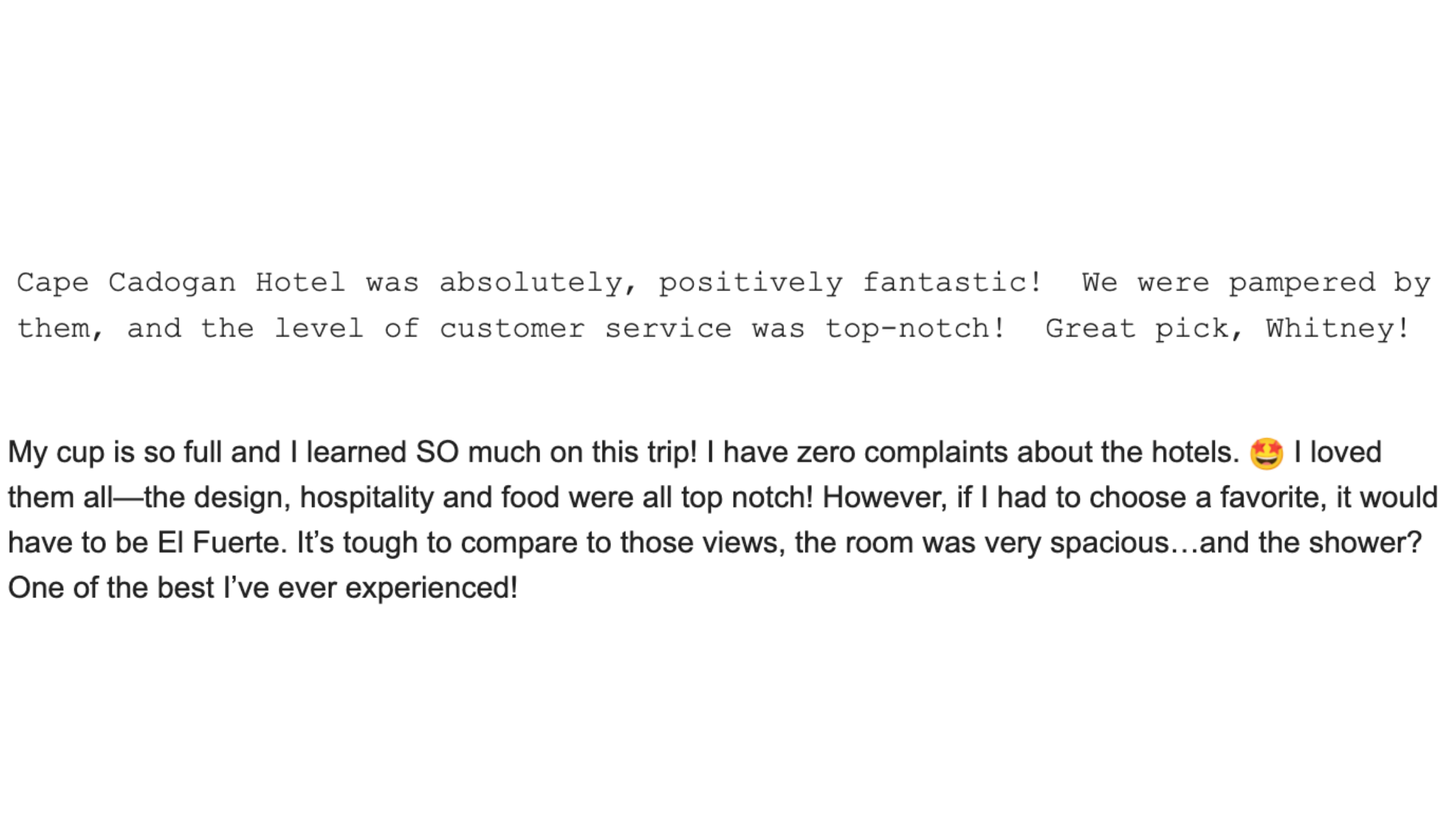 Screenshots from clients talking about hotels