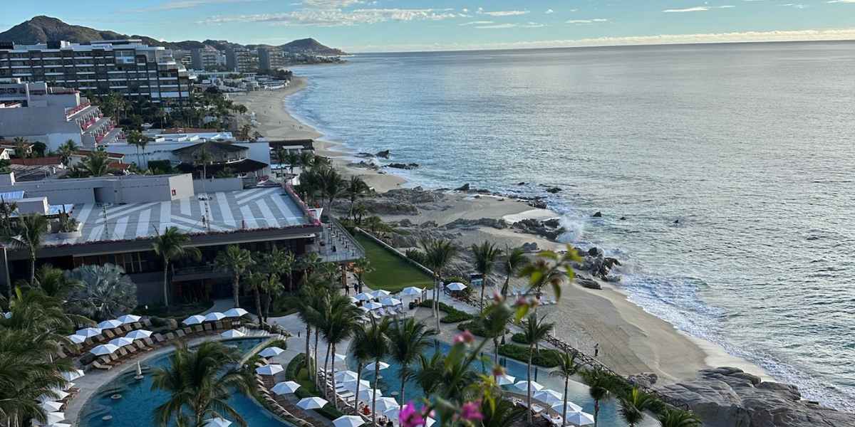 A view of Grand Velas Los Cabos resort and ocean from a balcony