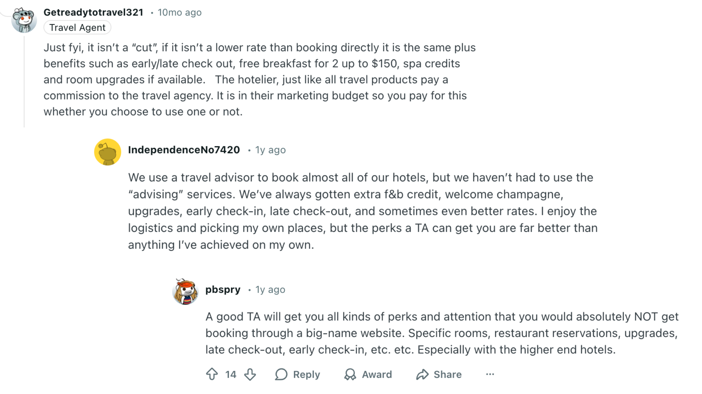 Screenshots from Reddit about using a travel advisor