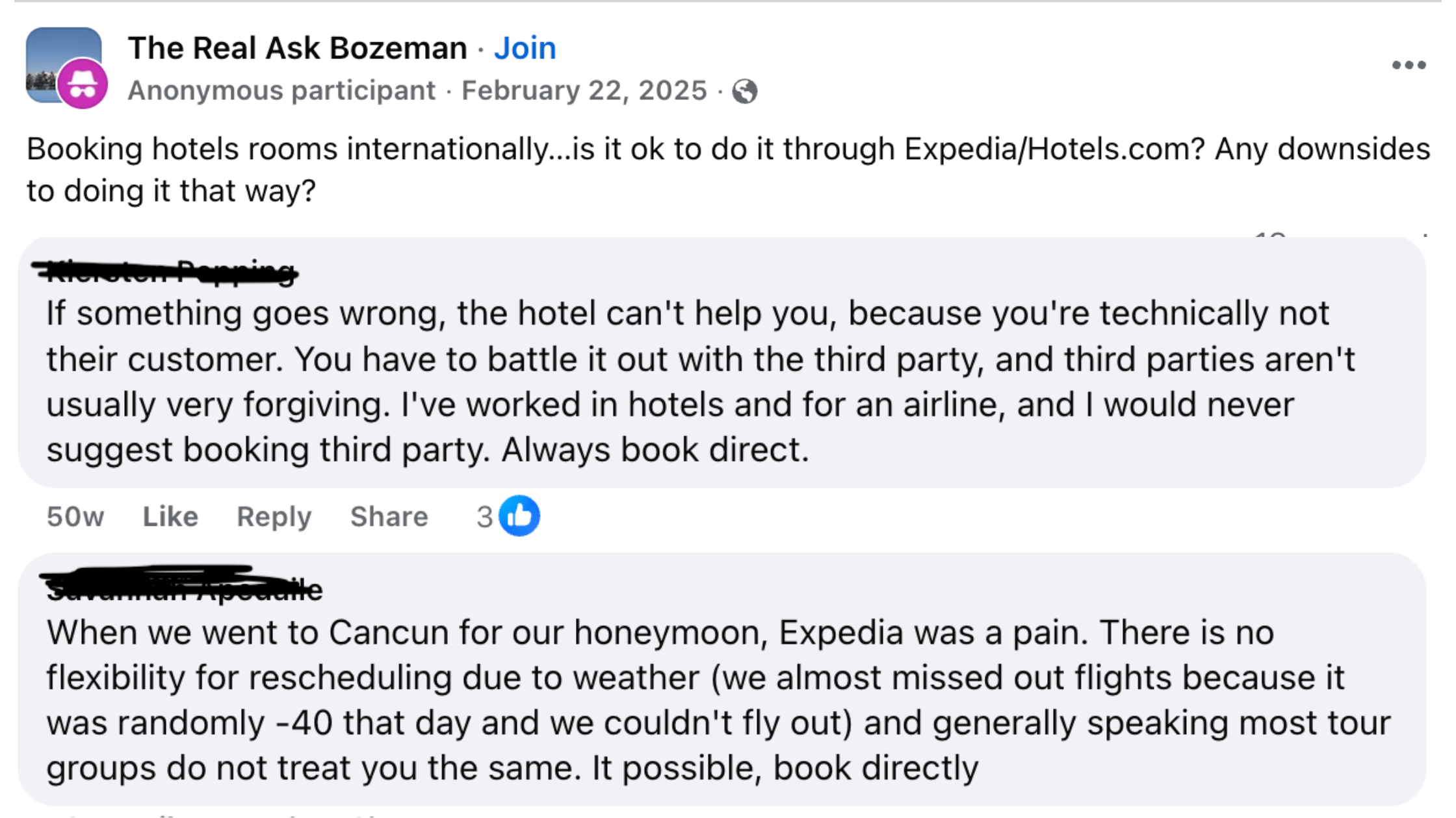 Screenshot of Facebook discussion about perils of booking hotel through Expedia