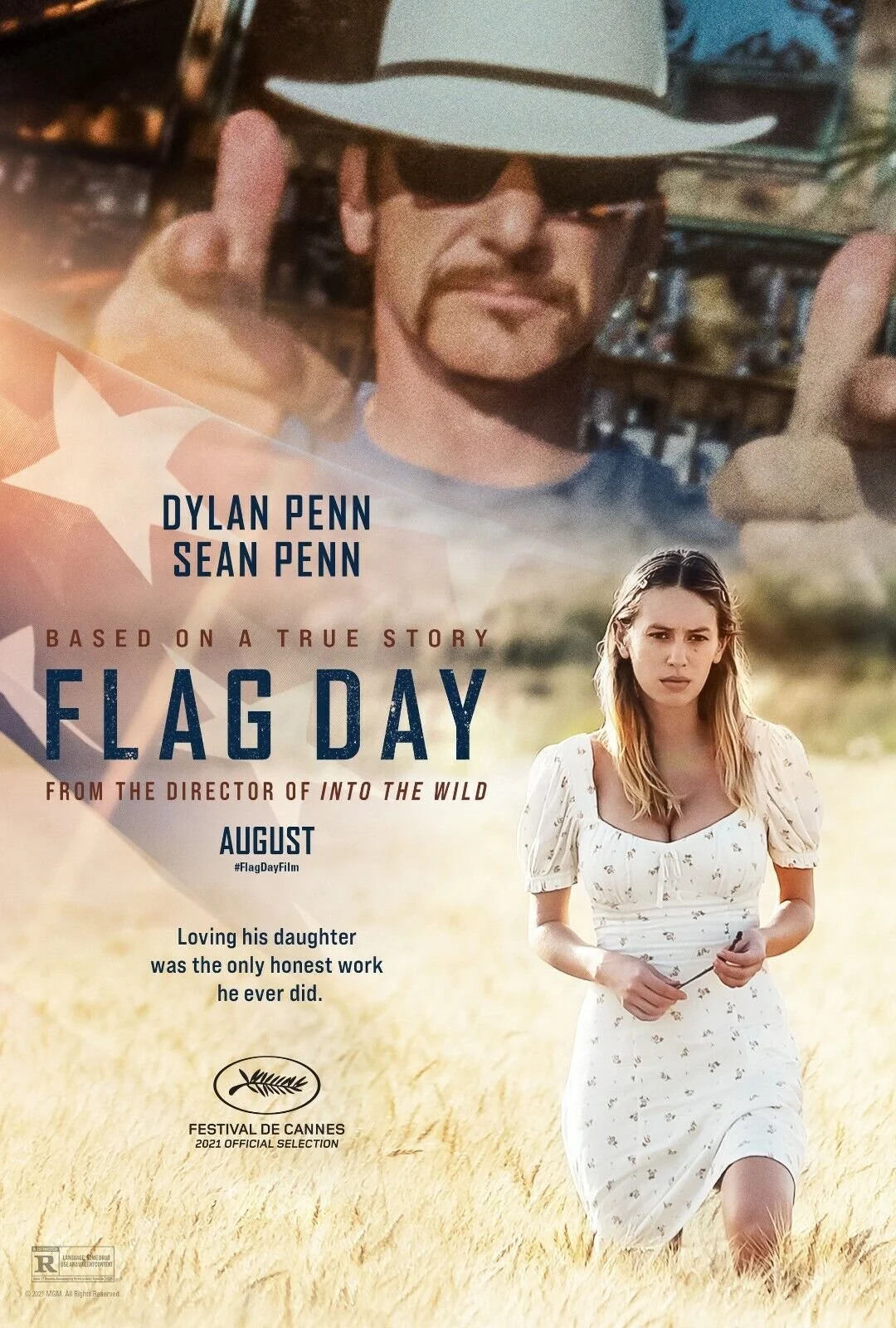 A movie poster for 'Flag Day' featuring the names Dylan Penn and Sean Penn, with a tagline about a father's love. The poster shows a woman in a white dress walking in a field, and a man with a mustache, sunglasses, and a cowboy hat giving a thumbs-up