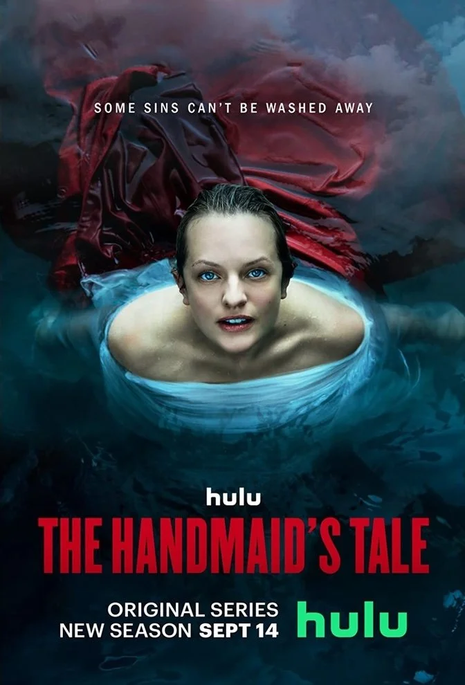 A woman with blonde hair and blue eyes floating in water, with a red backpack behind her. The scene has a dark, ominous atmosphere. Text on the image says, "Some sins can't be washed away," and shows the series title "The Handmaid's Tale" along with 