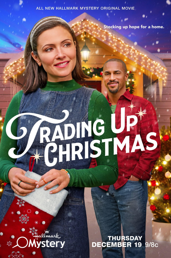 Promotional poster for a Hallmark Christmas mystery movie titled 'Trading Up Christmas.' It features a smiling woman with shoulder-length brown hair wearing a green top and denim apron, holding a Christmas stocking, and a man with short hair and a tr