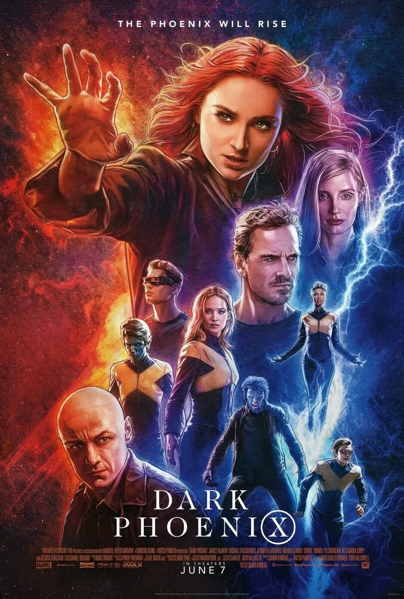 Poster for the movie 'Dark Phoenix' featuring characters with special powers. The main character, Jean Grey, is in the center with red hair, reaching out with her hand. Other characters are shown with various expressions, some with energy and lightni