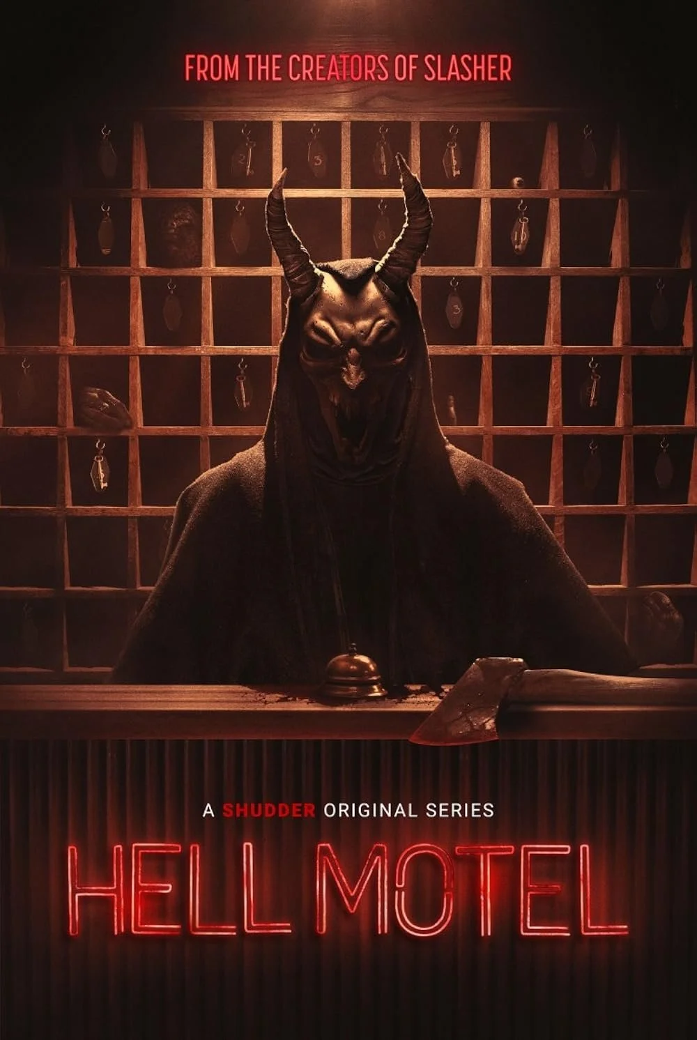 Poster for the 'Hell Motel' series showing a figure with a demonic appearance: dark hooded cloak, twisted horns, and a mask resembling a skull with a menacing expression in a dimly lit room with a wooden wall and numbered hooks. The text "From the cr
