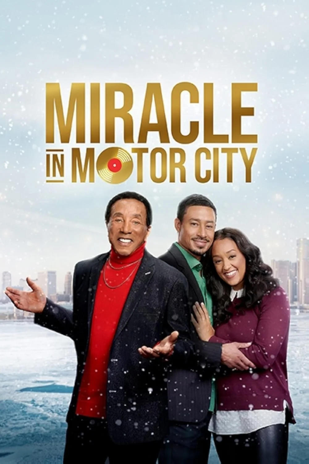 Movie poster for 'Miracle in Motor City' featuring three smiling people standing in front of a city skyline with falling snow, with the title in gold letters and a record vinyl integrated into the design.
