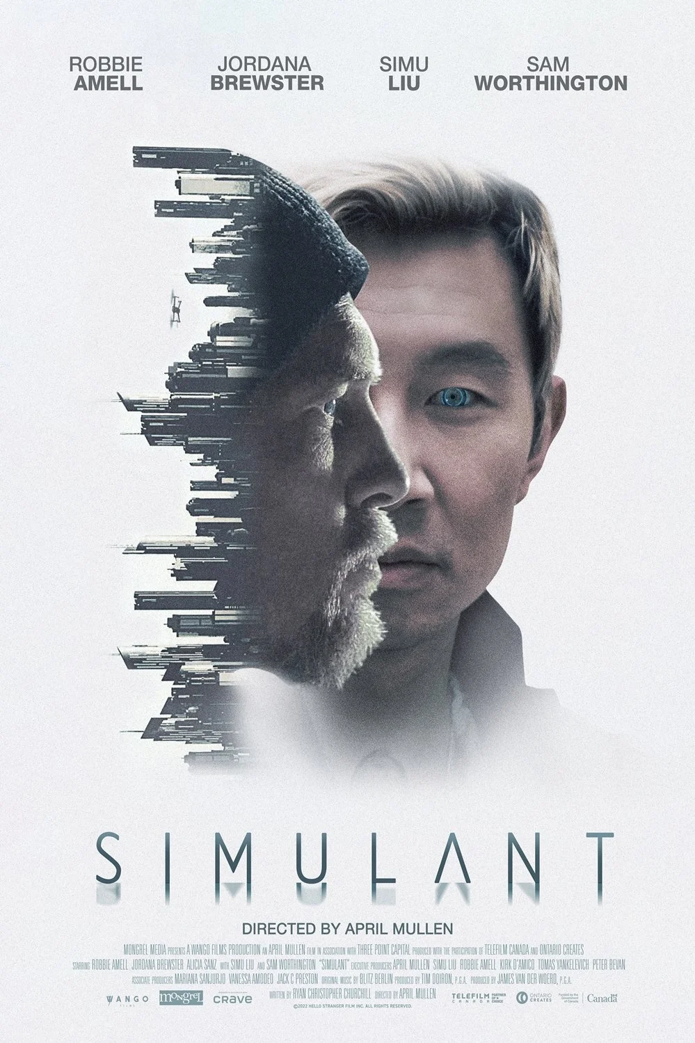 Movie poster for 'Simulant' featuring a split face of a human and a robot, with the human side showing a young man with blue eyes and the robot side showing an older man with gray hair and beard. The title 'Simulant' is at the bottom.
