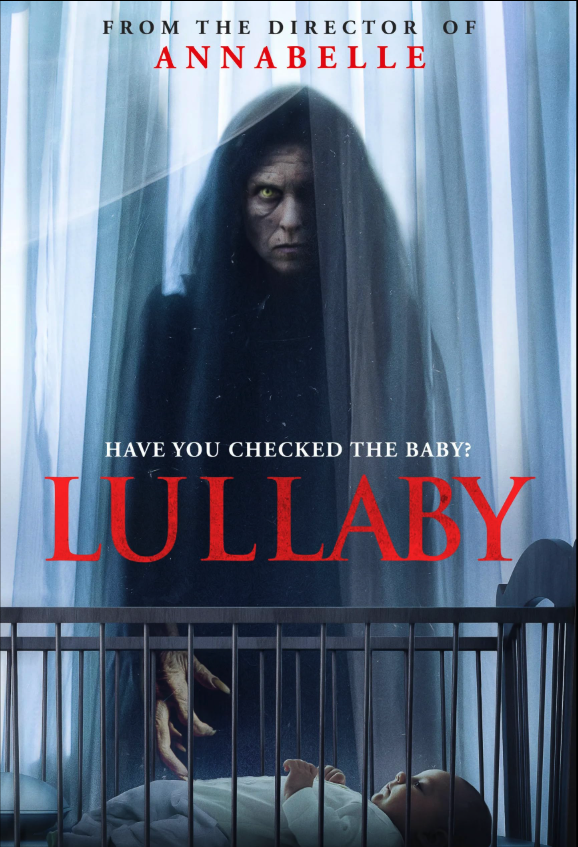 The poster for the horror film 'Lullaby' features a creepy woman with long dark hair and pale skin gazing through a curtain. Below her, a baby sleeps in a crib, with a sinister hand reaching toward it from the shadows.