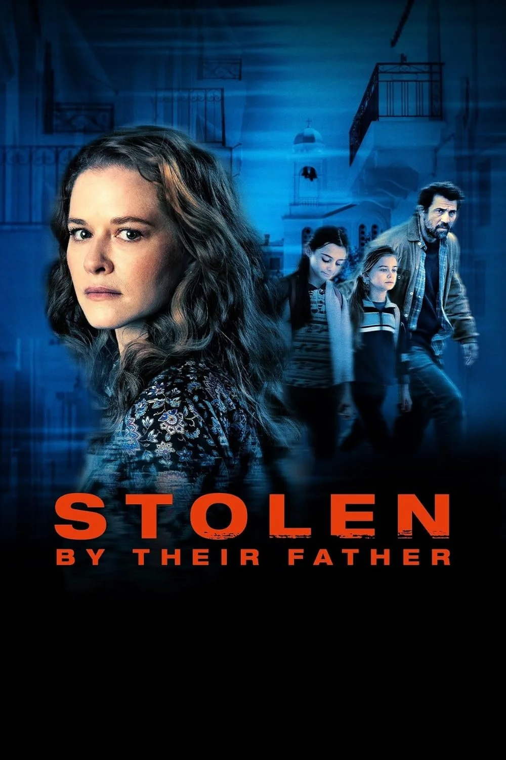 Poster for the show "Stolen by Their Father" featuring a woman with long curly hair in focus, and a family of a man and two girls walking behind her against a blue background with a house interior depicted.