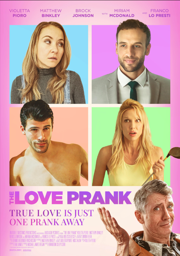 A colorful movie poster for the film "The Love Prank" featuring four characters: a woman with long blonde hair and a skeptical expression, a man in a gray suit and green tie with a smirk, a shirtless man with dark hair and a confident look, and a sur