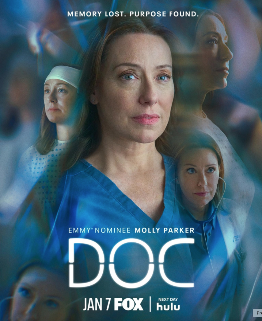 A promotional poster for the TV show 'Doc,' featuring actress Molly Parker in a medical uniform. The background includes images of other women, one in a nurse's cap, and the text indicates the show is an Emmy Nominee.
