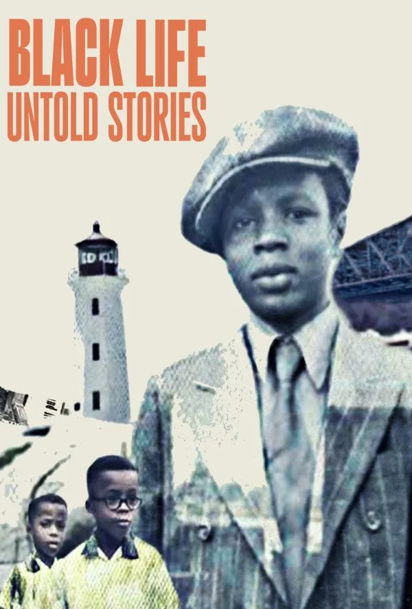 Cover of a book titled 'Black Life Untold Stories' featuring a vintage photo of a young Black man in a suit and hat, with a lighthouse and young boys in the background.