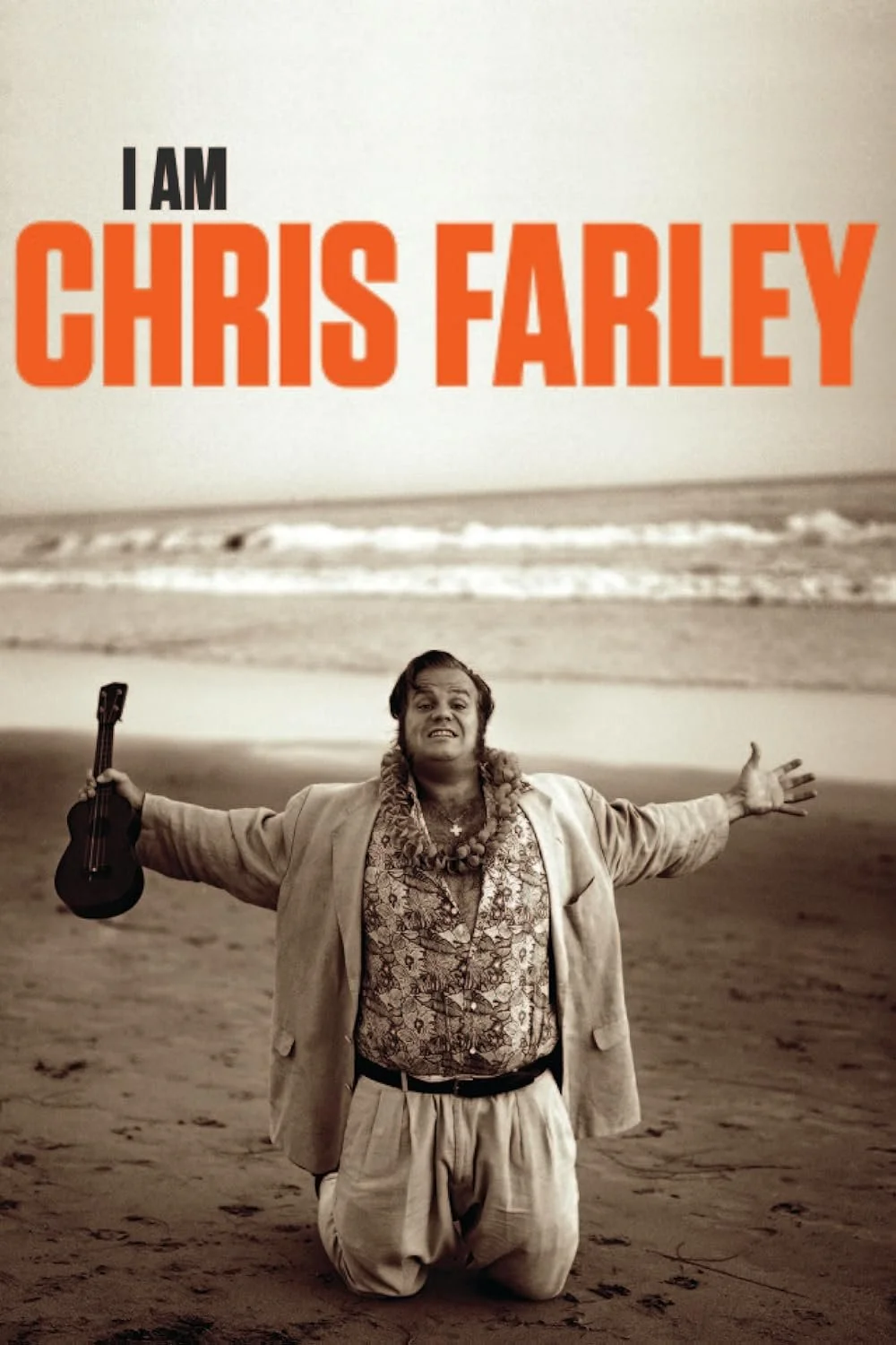 A man with long hair kneels on the beach with arms outstretched, holding a small guitar in his right hand. Behind him is the ocean and the sky. The text on the image reads, 'I AM CHRIS FARLEY' in bold letters.
