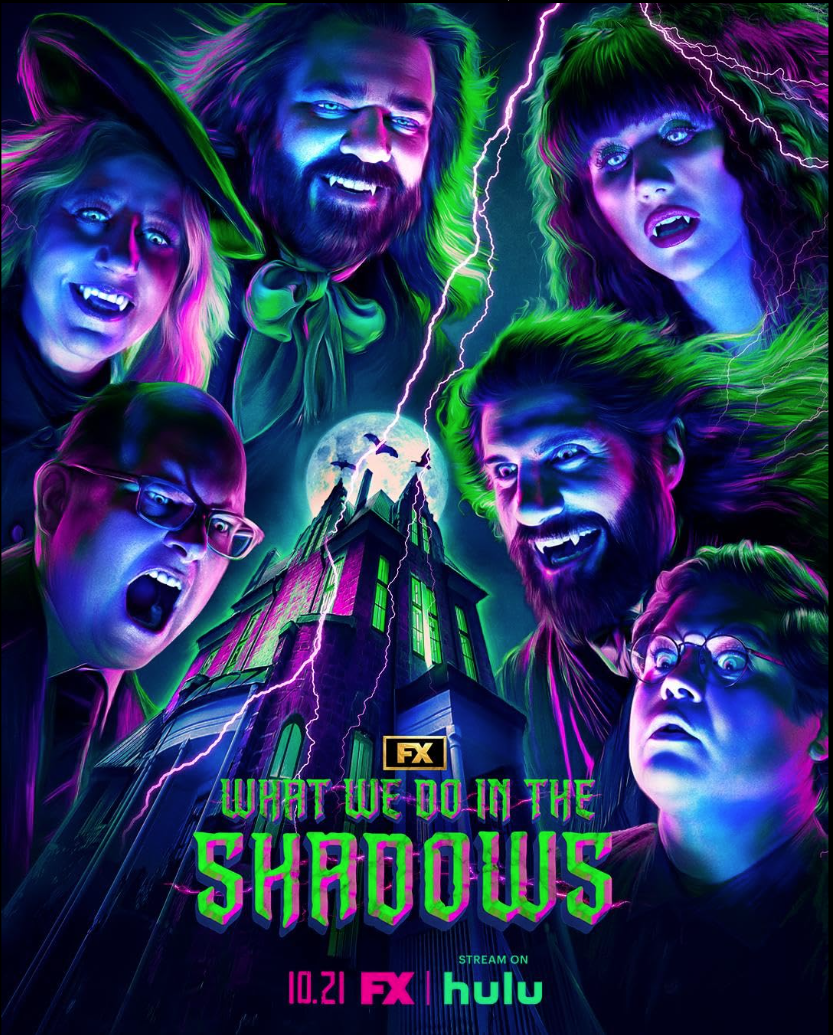 A promotional poster for the TV show 'What We Do in the Shadows' featuring five characters with supernatural and vampire-like appearances, depicted with glowing neon effects and lightning strikes, against a haunted house backdrop with the moon visibl