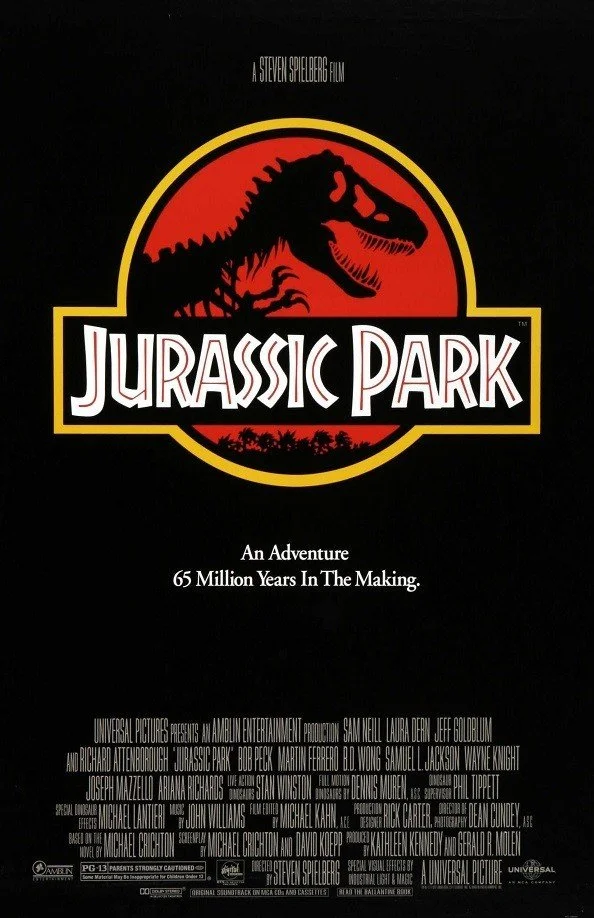 Poster for Jurassic Park featuring a T-Rex silhouette in a red circle with the movie title and credits.