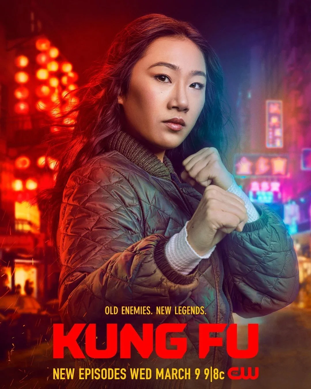 Promotional poster for the TV show 'Kung Fu' featuring a woman with long dark hair in a jacket, standing on a city street at night with neon lights.