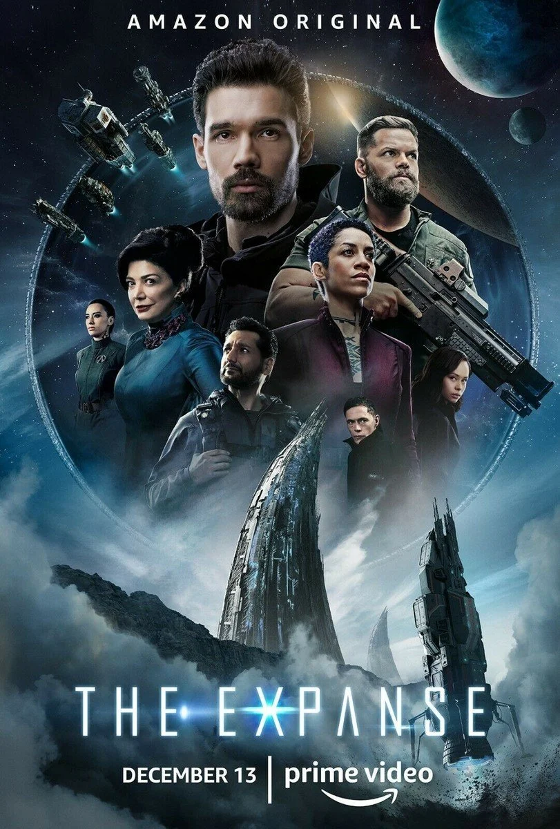 Promotional poster for the series 'The Expanse' featuring several characters with a space-themed background, including planets, spaceships, and a futuristic cityscape, with the text 'Amazon Original' and 'December 13 | prime video'.