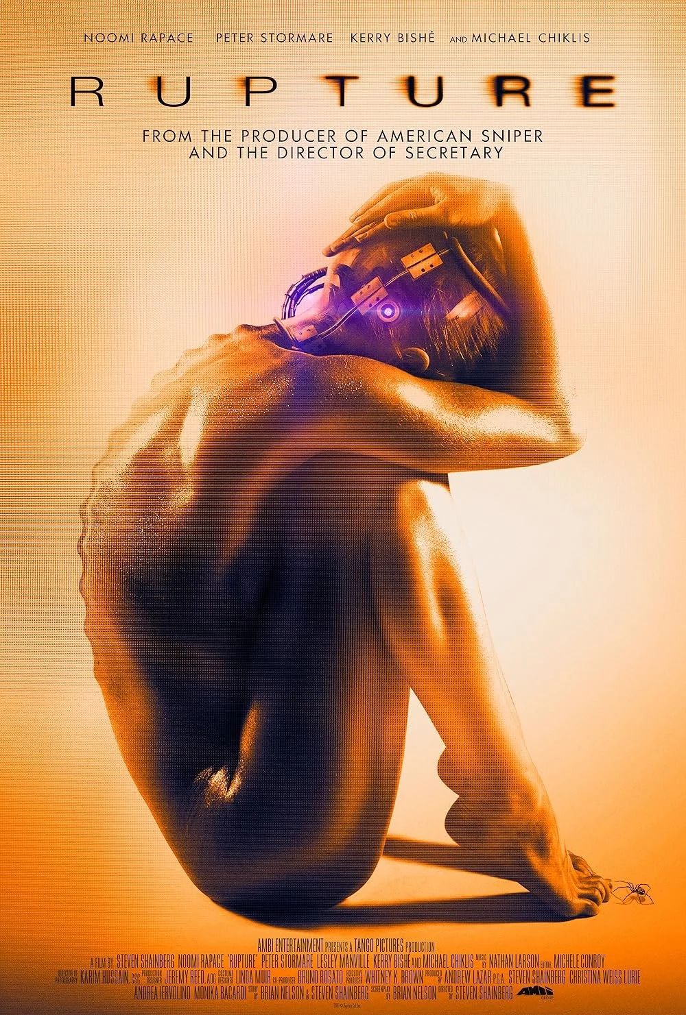 The poster for the movie 'Rupture' features a woman with a shiny, smooth body sitting on the floor with her knees bent and her arms wrapped around her head, holding a helmet with electronic components, against a warm, orange background.