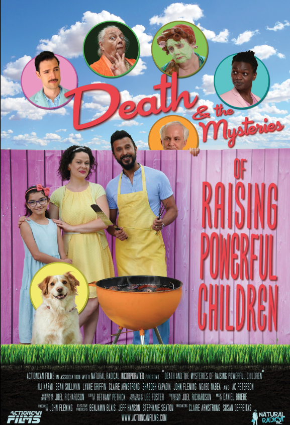 Promotional poster for the show or movie titled 'Death & the Mysteries of Raising Powerful Children,' featuring images of elderly women, a young girl, an adult woman, a man with a barbecue grill, and a dog, with a bright sky background and purple woo