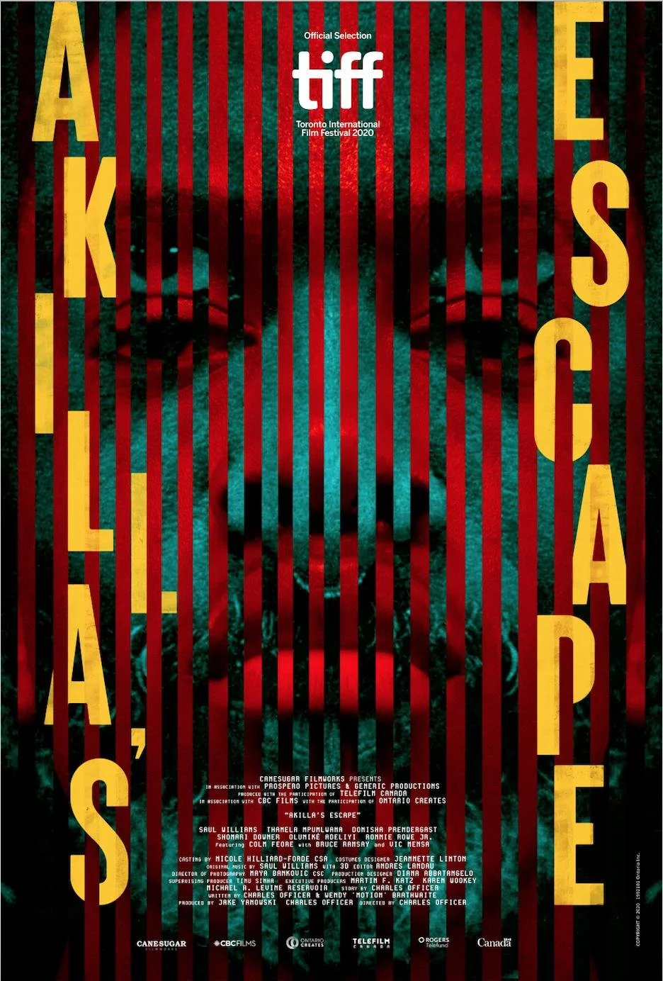 Poster for the film 'AKILLA'S ESCAPE' with large yellow letters spelling 'ATTACKS', 'S', 'ESCAPE' vertically, and a dark face with glowing eyes behind red and black vertical stripes.