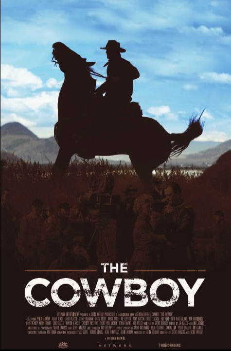 Silhouette of a cowboy riding a bucking horse against a bright blue sky with clouds, with a group of people in the background and the title "The Cowboy" at the bottom.