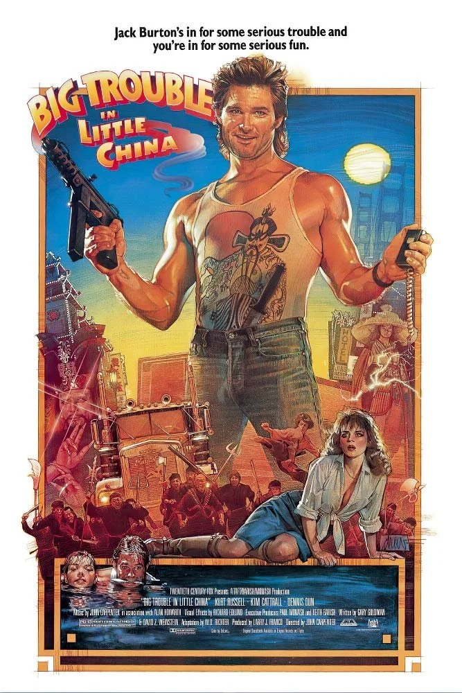 Movie poster for "Big Trouble in Little China" featuring a man holding a gun and a phone, with a woman on the ground and various cityscape and fight scenes in the background.