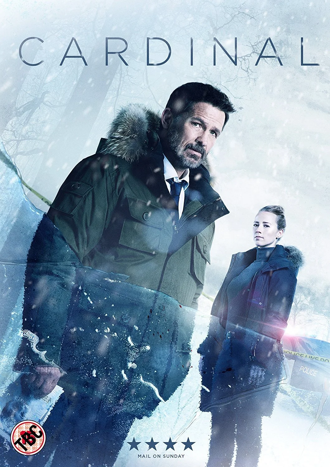 A promotional poster for the TV series 'Cardinal' featuring a man with a beard in a green jacket and a woman in a dark coat, both standing in front of a police car and police tape, with a snowy background and leafless trees.