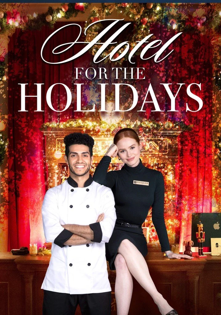 The cover of a holiday-themed hotel brochure featuring a smiling male chef in a white uniform and a woman in black attire with a manager badge, sitting and standing in a decorated festive lobby with Christmas trees and ornaments.
