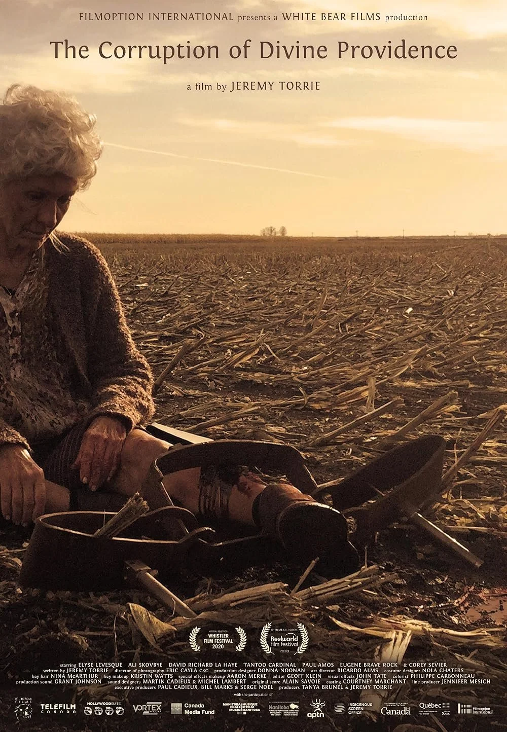 Movie poster for 'The Corruption of Divine Providence' with a woman in a field, a scythe on the ground, and a sunset background.