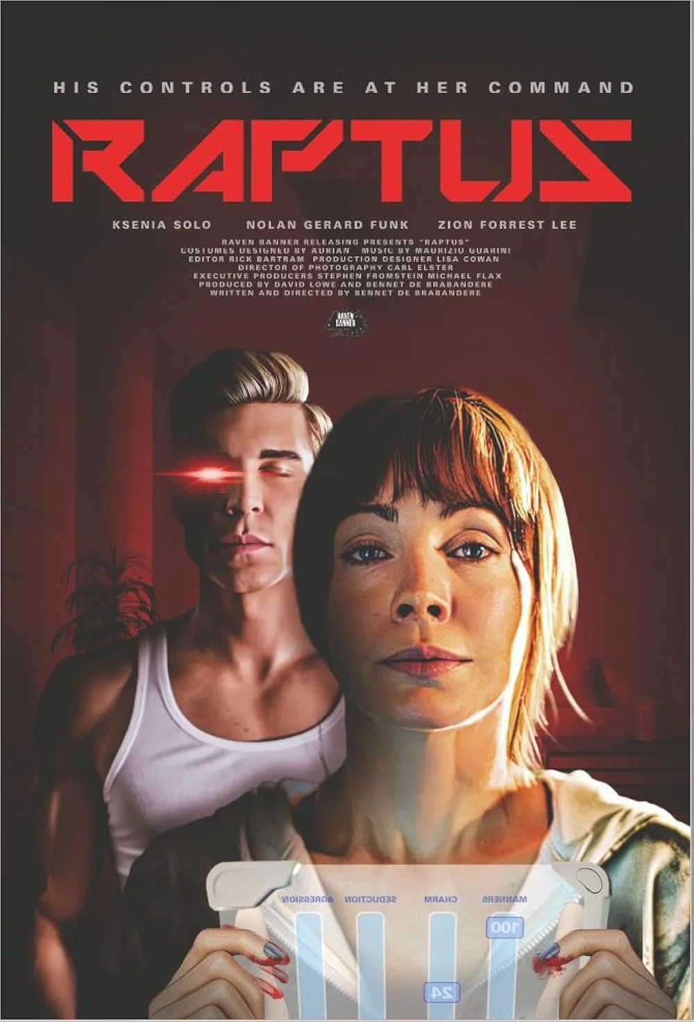 Movie poster titled "Raptor" showing a woman with short hair holding a futuristic device, with a young man with blonde hair and glowing red eye in the background.