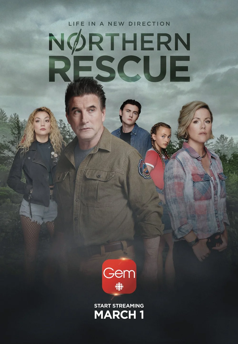 Promo poster for the TV series "Northern Rescue" featuring five characters standing outdoors with a cloudy sky background, with text indicating it starts streaming on March 1 on Gem.