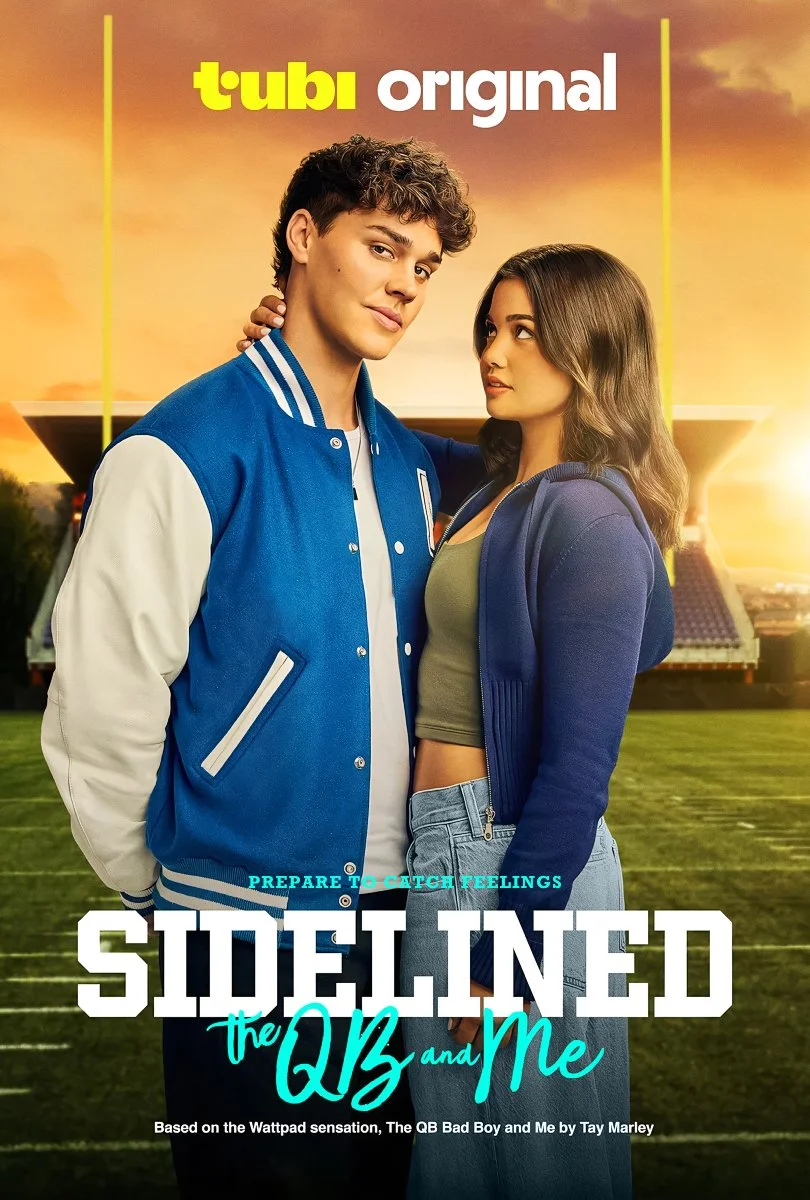Movie poster for 'Sideline' featuring a young man and woman standing close together on a football field at sunset.