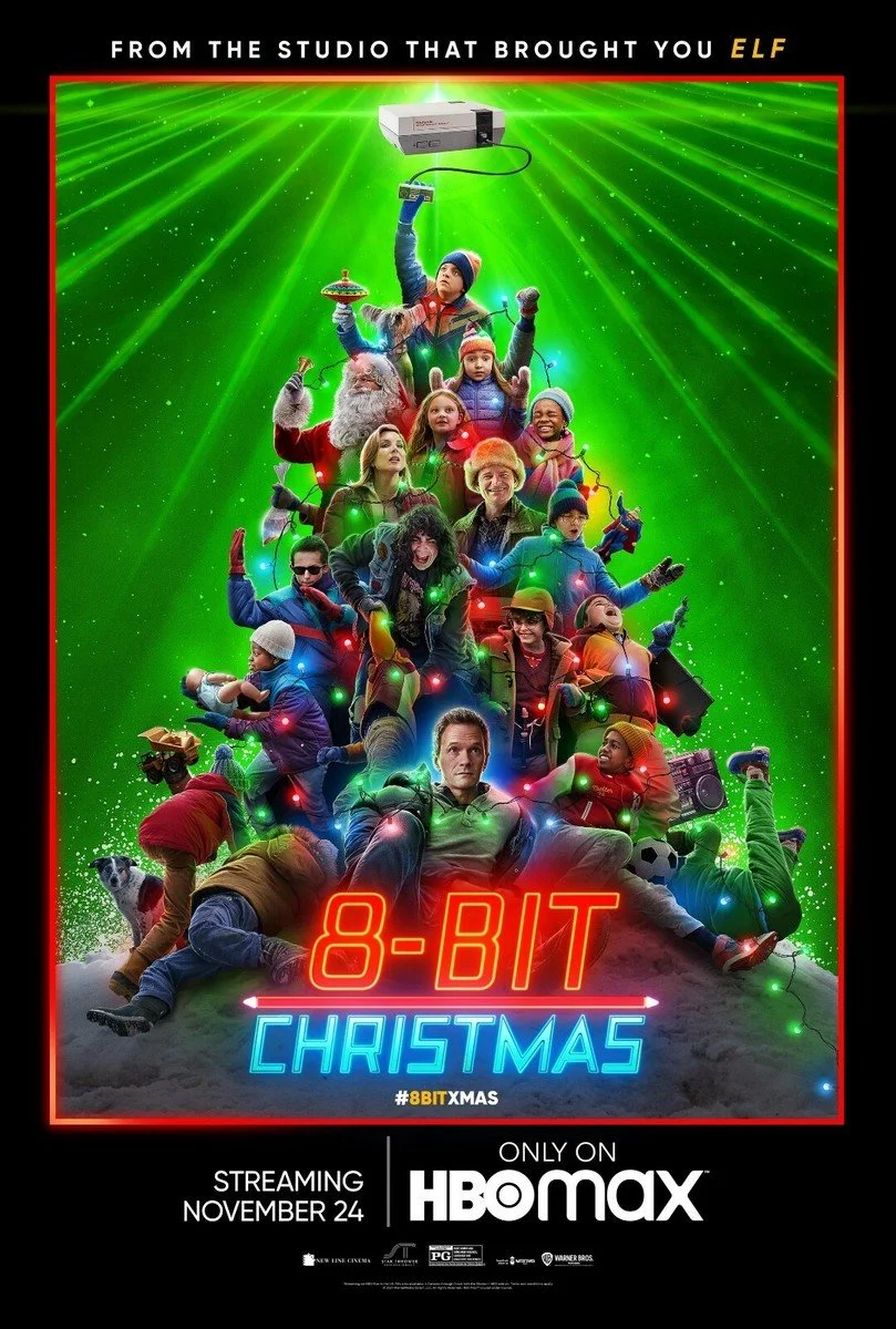 Poster for the movie '8-Bit Christmas' with a group of people and characters stacked in a Christmas tree shape, decorated with colorful lights, against a green background with laser light effects, promoting streaming on HBO Max on November 24.