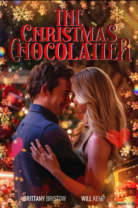 A romantic scene from the movie "The Christmas Chocolatier" showing a couple embracing in front of a decorated Christmas tree. The movie title is at the top in red text. The background features holiday lights and snowflake decorations.